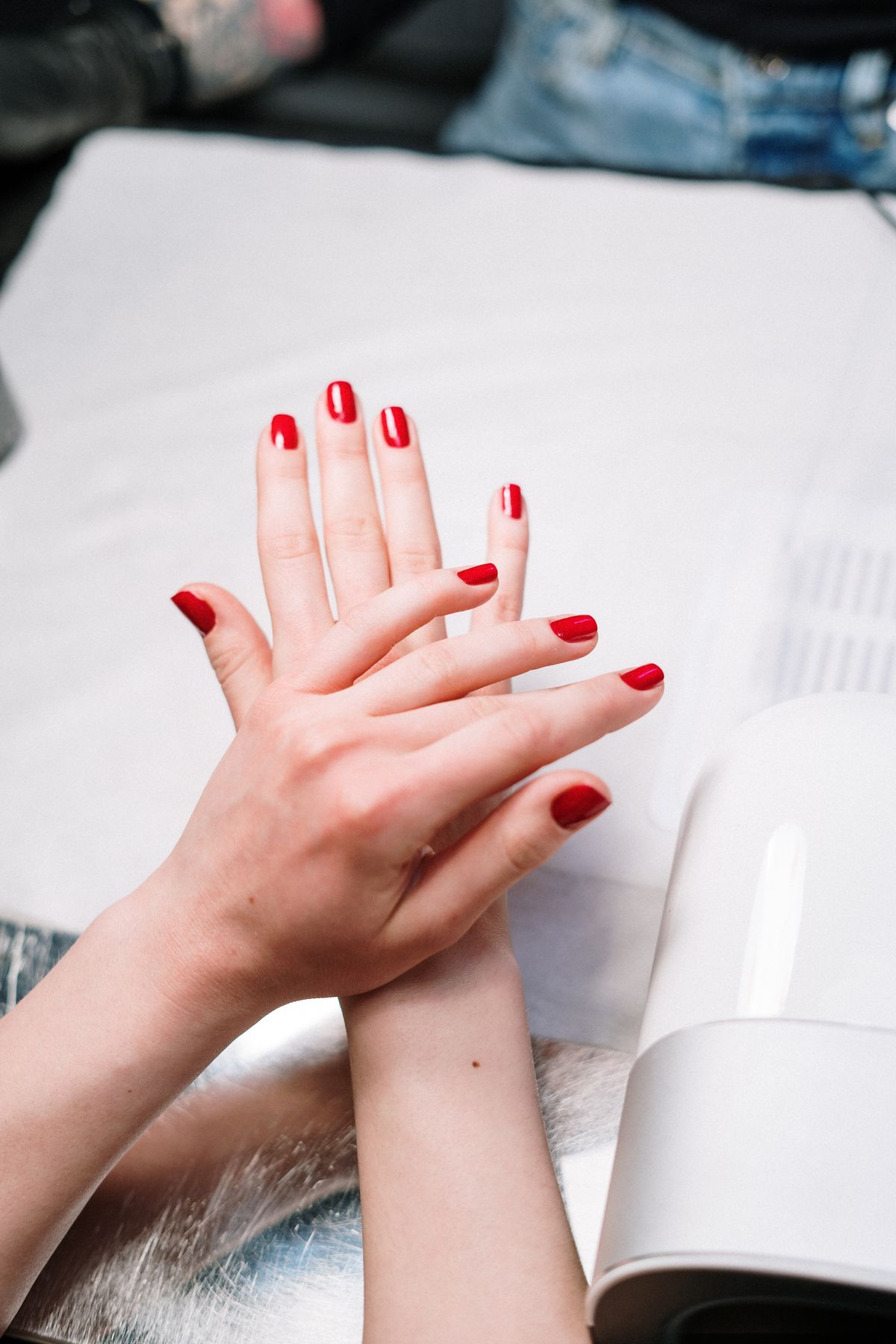 Manicure in progress at a nail spa